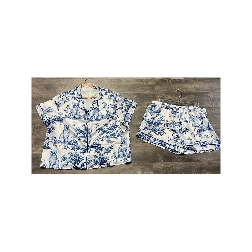 Sheshow Pajama Set Womens XXL Blue White Toile Golden Retriever Satin NWT